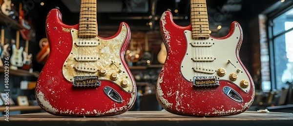 Fototapeta Vintage Red Electric Guitars with Distressed Finish in a Studio