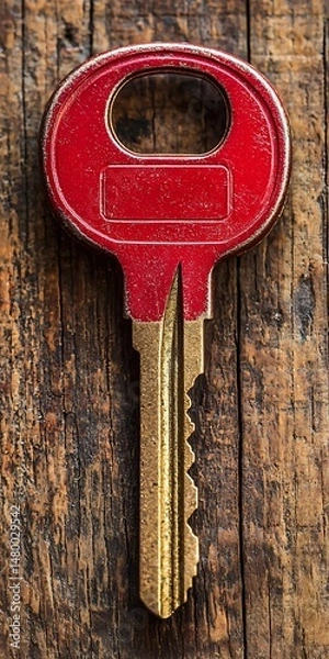 Fototapeta Vintage Red Key with Golden Teeth on Rustic Wooden Background