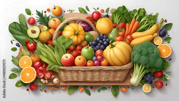 Obraz Wicker Basket with Fresh Organic Fruits and Vegetables on Cutting Board Isolated on White Background

