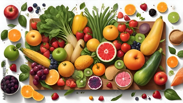Obraz Colorful Healthy Food Composition with Fresh Fruits and Vegetables in Studio Setting Isolated on White Background

