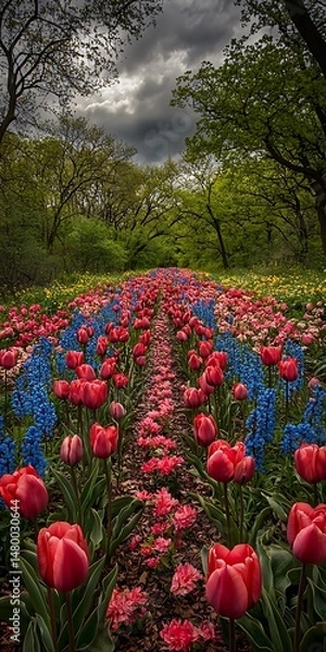 Fototapeta Vibrant Tulip and Flower Path in Lush Green Landscape