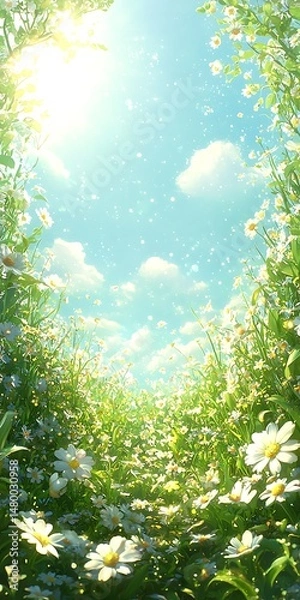 Fototapeta Bright Floral Path with Sunlight and Blue Sky in Spring Environment