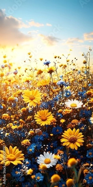 Fototapeta Vibrant Floral Field Under a Bright Sky with Sunlight at Dusk