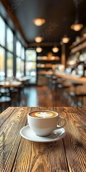 Fototapeta Cozy Coffee Shop Scene with Latte Art on Wooden Table Surface