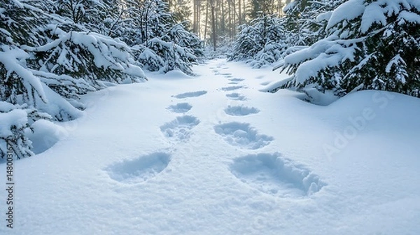 Fototapeta Snowy Trail with Footprints in Serene Winter Forest Landscape