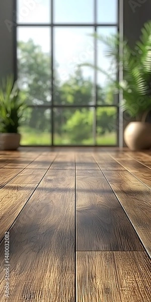 Fototapeta Warm Wooden Floor with Natural Light and Green Plants in Room