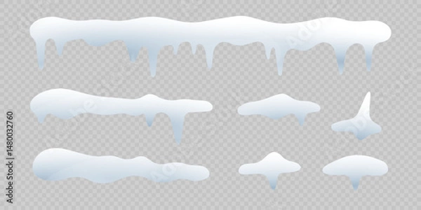 Fototapeta White snowdrift caps hang on transparent background borders. Cartoon snow frames decorate winter banners and cards. Flat snowy elements enhance festive holiday illustrations. Snowflakes fall
