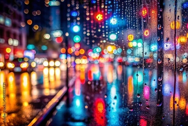 Fototapeta Abstract City Lights Reflection on Wet Windowpane - Modern Urban Art