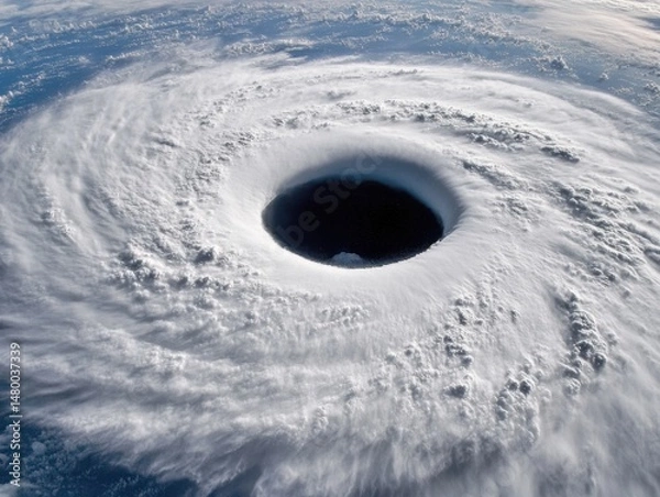 Obraz Hurricane eye aerial view from space showing swirling clouds and the dark center of the storm weather phenomenon