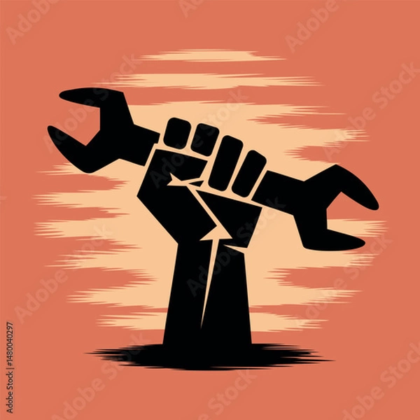 Obraz A modern Raised fist holding wrench in silhouette against stylized sunset background.