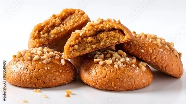 Obraz A close up shot of the delicious melomakarona Greek honey cookies topped with nuts, fresh.