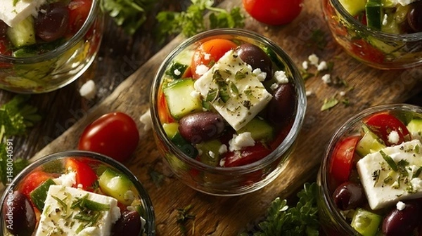 Obraz A delicious Greek salad served in glass bowls, featuring fresh tomatoes, olives and feta cheese.