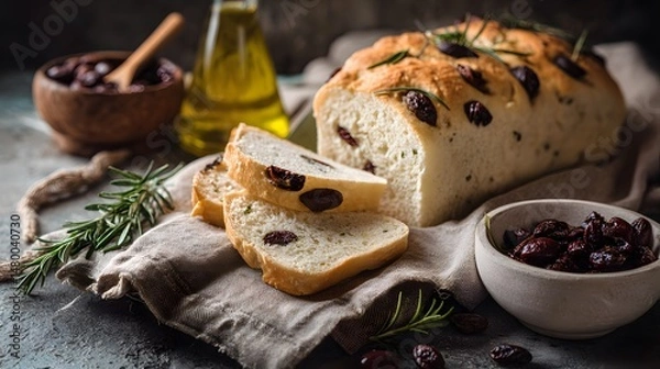 Obraz Delicious focaccia bread topped with olives and rosemary, perfect for a flavorful snack or meal.