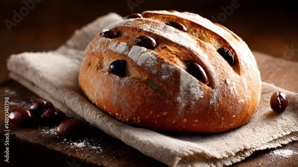 Obraz A close-up shot of a freshly baked olive bread on a wooden board with a linen cloth.
