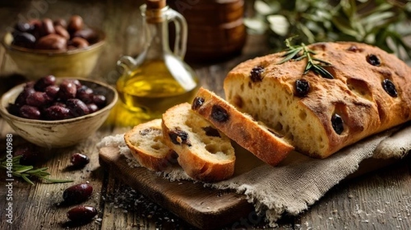 Obraz Delicious olive bread and bowls of olives alongside a bottle of olive oil.