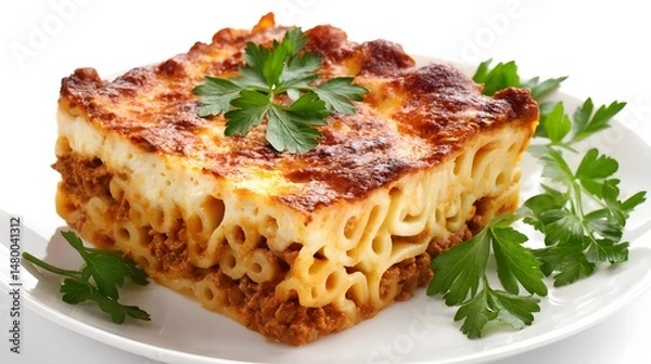 Obraz A mouthwatering portion of pastitsio, a classic greek baked pasta dish, is elegantly displayed.