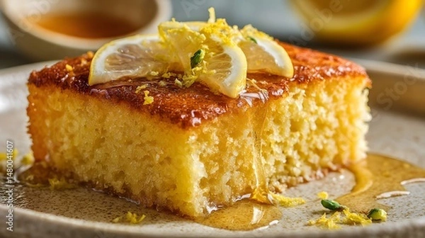 Fototapeta A delectable slice of lemon cake with honey drizzle and lemon slices on a plate.