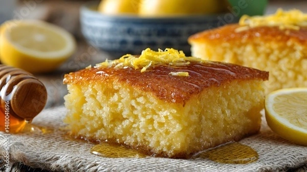 Obraz A mouthwatering piece of lemon cake, drizzled with honey, and adorned with lemon zest.