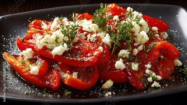 Obraz Roasted red bell peppers topped with feta cheese and fresh thyme, a tasty appetizer served on a plate.