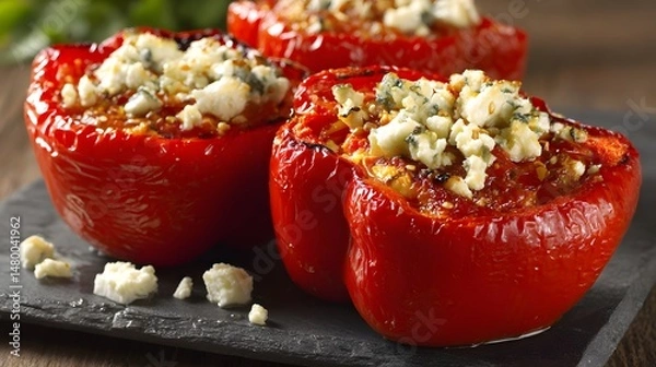 Obraz Beautifully presented stuffed bell peppers, filled with a flavorful mixture and delicious toppings.