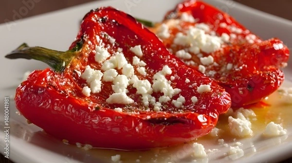 Obraz Roasted red bell peppers halves topped with feta cheese on a white plate.