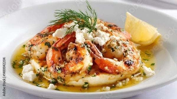 Obraz Grilled shrimp dish served with feta cheese, dill, and a lemon wedge on a white plate.