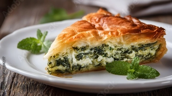 Obraz A mouthwatering slice of spanakopita sits on a white plate, decorated with fresh mint.