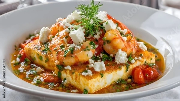 Obraz Exquisite grilled cheese with shrimp, feta, and tomato, served in a sophisticated presentation.