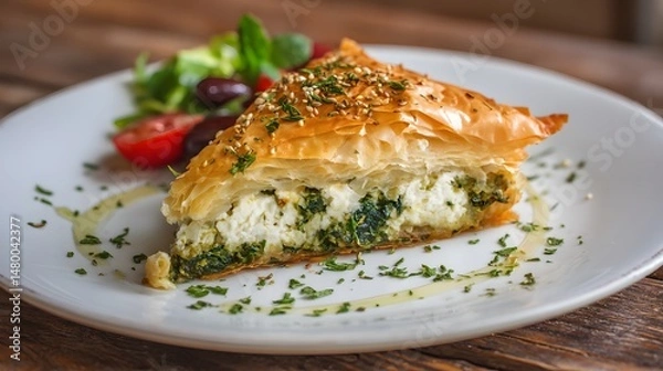 Obraz A delectable slice of traditional spanakopita on a white plate, with a side salad and olives.