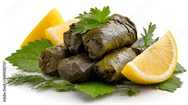 Obraz Close-up of delicious dolma rolls with lemon slices and fresh parsley.