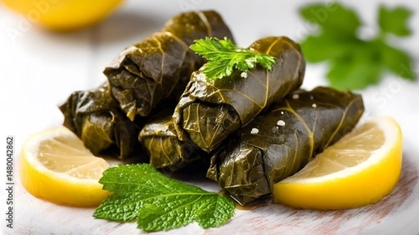 Obraz Close-up of dolmades, a delicious Mediterranean appetizer, with lemon slices and herbs.