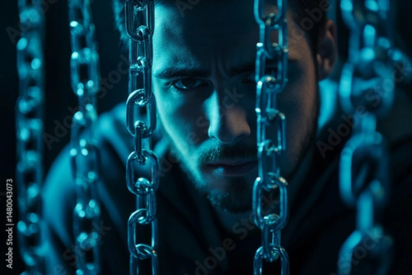 Fototapeta Man trapped behind chains serious intense gaze dark blue light