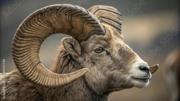 Fototapeta close up portrait of big horn sheep with large horns