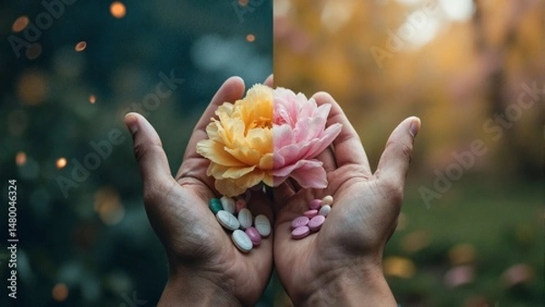 Obraz A hand holding a flower with a pill in the other hand