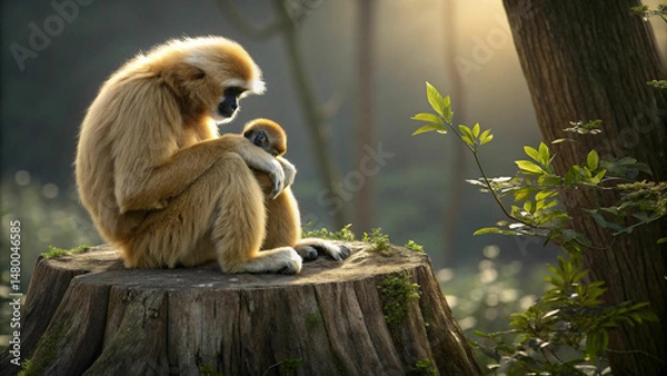 Fototapeta golden gibbon sitting on tree stump with background
