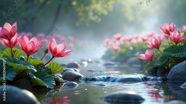 Obraz A beautiful pink flower garden with a stream running through it