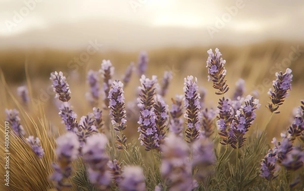 Fototapeta Sunlit lavender flowers stand in a field during the warm golden hour on a summer afternoon