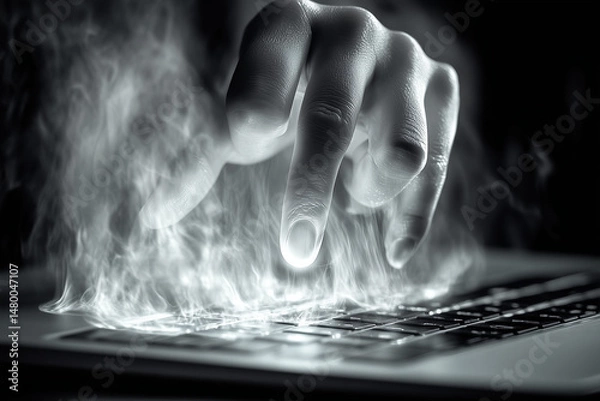 Fototapeta Typing Hand with Smoke Effect on Keyboard
Surreal black-and-white image of a finger pressing a laptop key with glowing heat and smoke. Perfect for cyber, tech burnout, or digital concept visuals.