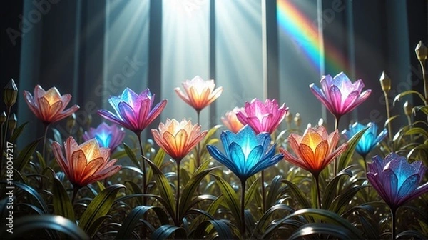 Obraz A field of colorful flowers with a rainbow in the background