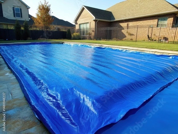 Obraz Covered swimming pool in backyard of suburban home during autumn season in sunny day aerial view