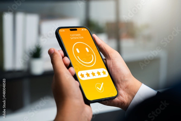 Fototapeta Consumer use smartphone to complete online customer satisfaction survey, rating 5 stars for excellent service and product quality. Positive feedback help increase brand business reputation.