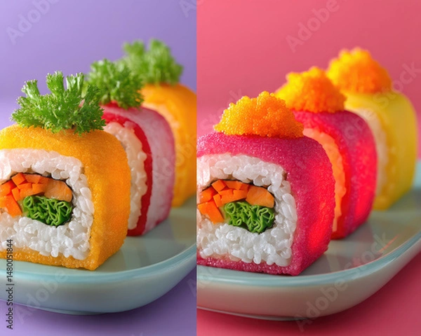 Fototapeta Colorful sushi rolls featuring bright veggies, topped with garnish, staged on a plate