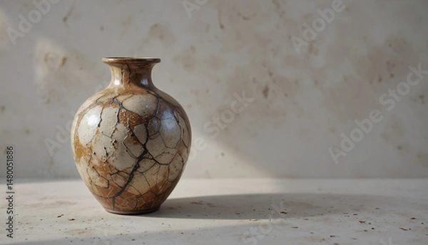 Obraz Handmade raku-style vase placed on a textured cream-colored backdrop, with golden light highlighting its organic imperfections and enhancing its unique artisanal texture.