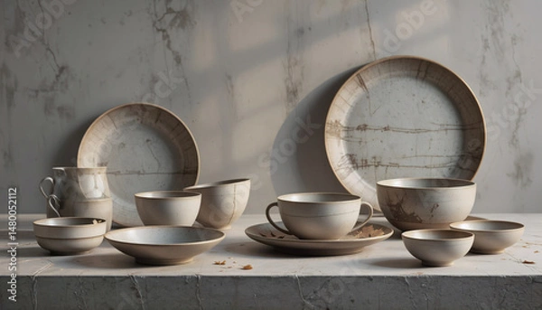 Obraz Spacious layout of ceramic dinnerware with minimalist wabi-sabi aesthetics, gently illuminated by golden hour light that highlights the natural textures and earthy tones.