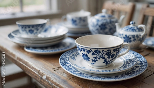 Obraz Classic blue and white patterned dish set neatly arranged on a rustic wooden table, softly illuminated by ambient daylight to highlight its timeless design and texture.