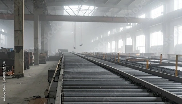 Fototapeta Abandoned Warehouse with Conveyor Belts and Foggy Atmosphere