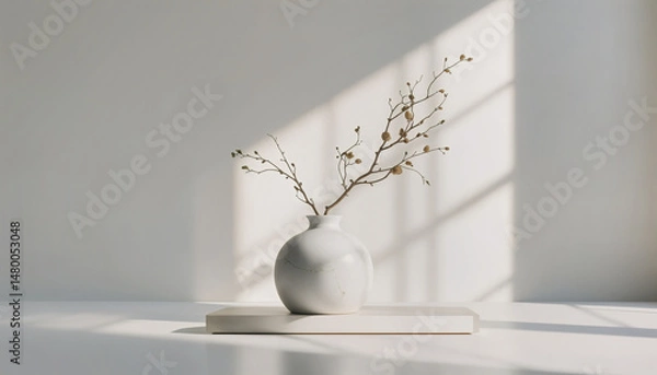Obraz Minimalist ikebana vase with a single branch resting on a sleek white surface, illuminated by golden light to create an elegant and serene contrast.