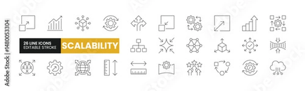 Fototapeta Set of 26 Scalability line icons set. Scalability outline icons with editable stroke collection. Includes Flexibility, Efficiency, Adaptability, Optimization, Cloud Computing, and More.