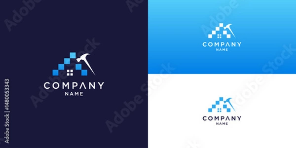Obraz Construction Company Logo with Hammer and Pixelated Roof