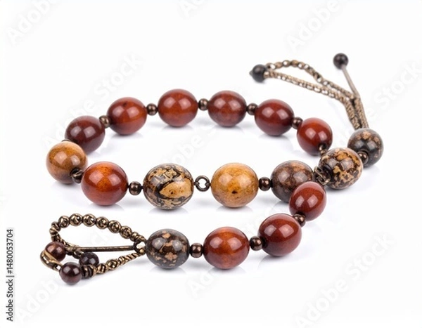 Fototapeta Beaded strand A string of polished spherical beads with knotted decorative chains on white